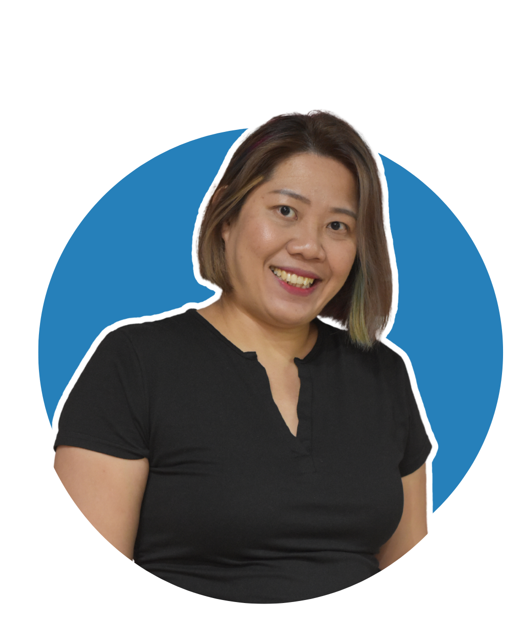 A circular headshot of Hina Liang, set against a solid blue background. She's giving a double thumbs-up, expressing enthusiasm. Hina has shoulder-length hair, with purple highlights or lowlights visible near the ends.  She's wearing a dark-colored, v-neck top. 