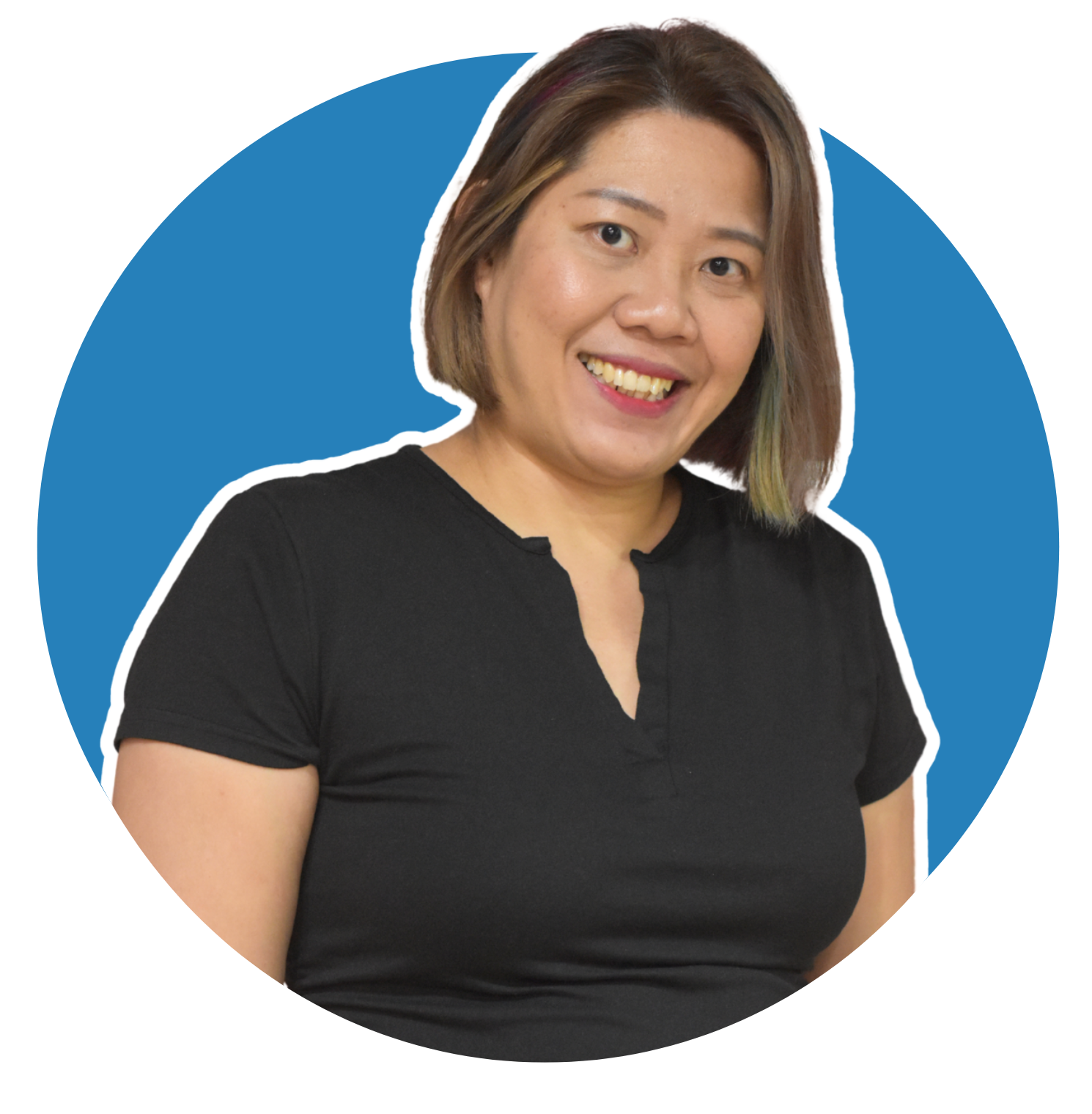 A circular headshot of Hina Liang, set against a solid blue background. She's giving a double thumbs-up, expressing enthusiasm. Hina has shoulder-length hair, with purple highlights or lowlights visible near the ends.  She's wearing a dark-colored, v-neck top. 