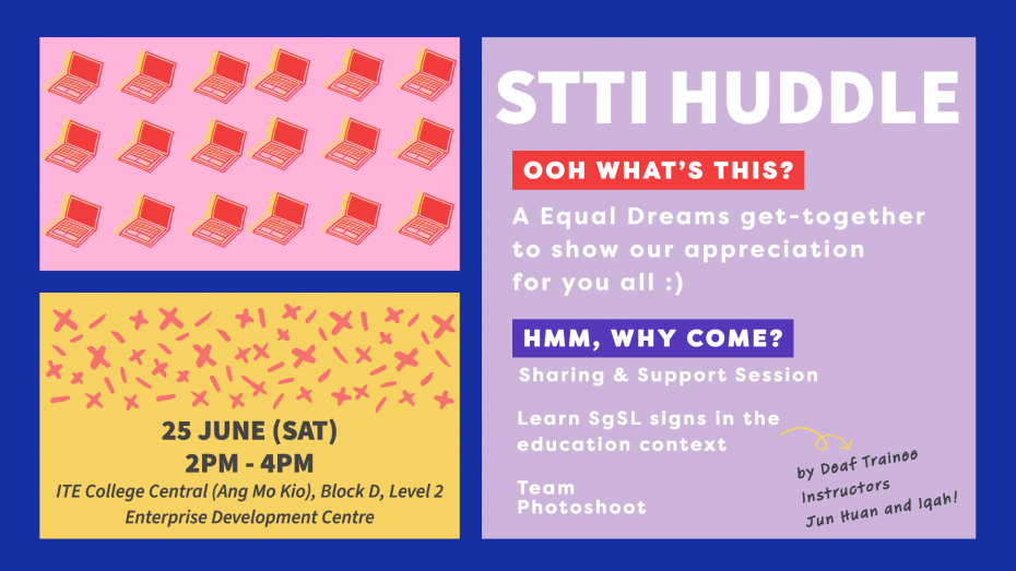 Banner with decorative laptops that says Speech to text Interpreter Huddle, A Equal Dreams get-together to show appreciation. Happening on 25th June at 2pm to 4pm.