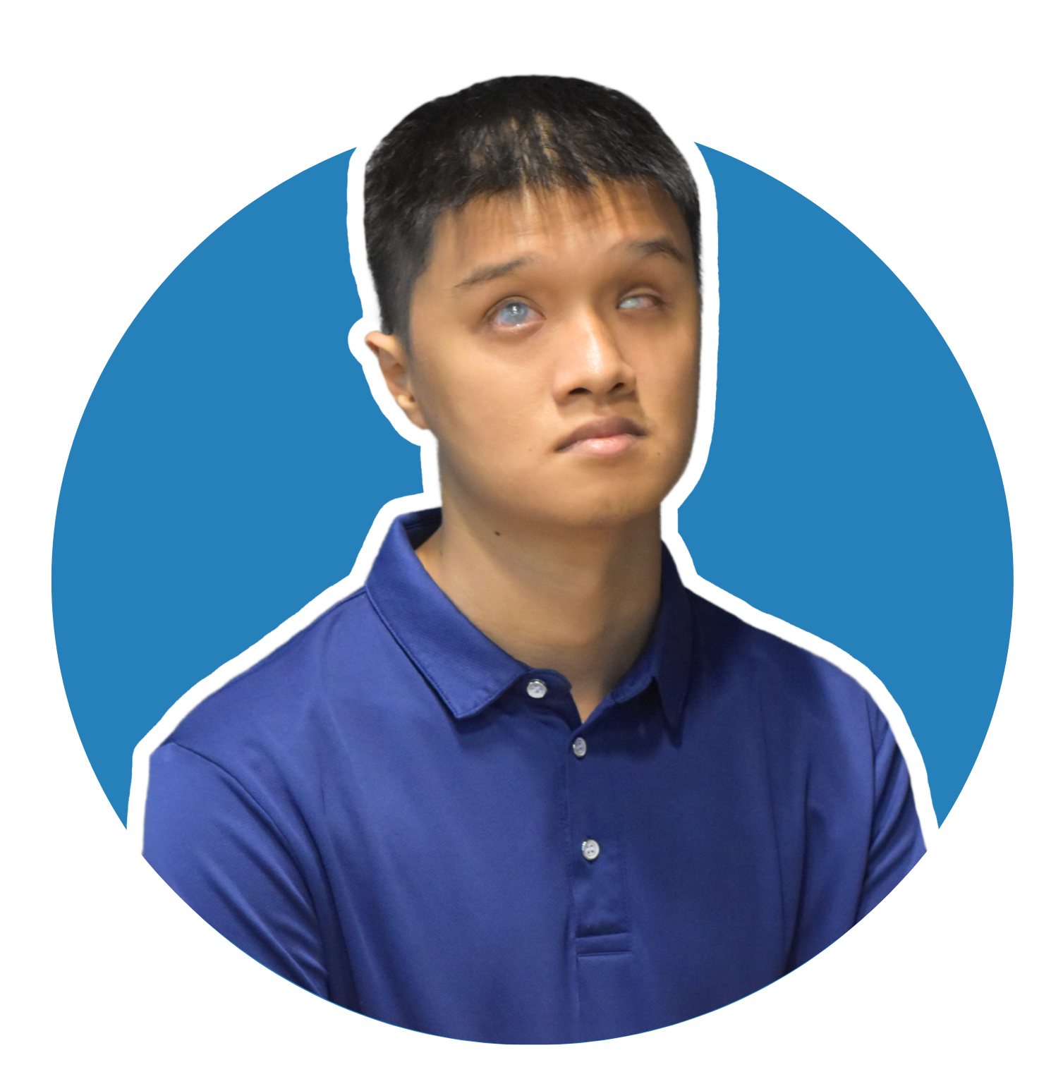 Kah Wee's profile picture features a man with short black hair, wearing a royal blue polo shirt. He has a neutral expression and is gazing slightly upward. The background is a solid blue circle, presenting a clean and professional visual.